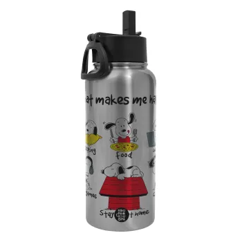 Snoopy what makes my happy, Μεταλλικό παγούρι θερμός Silver με καλαμάκι και χερούλι (Stainless steel), διπλού τοιχώματος, 950ml