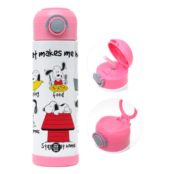 Snoopy what makes my happy, Παιδικό παγούρι θερμό, ανοξείδωτο, με καλαμάκι ασφαλείας, ΡΟΖ (500ml)