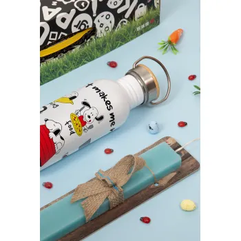 Snoopy what makes my happy, Πασχαλινή Λαμπάδα με παγούρι μεταλλικό (620ml, stainless steel) & κερί αρωματικό πλακέ (30cm) (ΤΙΡΚΟΥΑΖ)