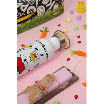 Snoopy what makes my happy, Πασχαλινή Λαμπάδα με παγούρι μεταλλικό (620ml, stainless steel) & κερί αρωματικό πλακέ (30cm) (ΡΟΖ)