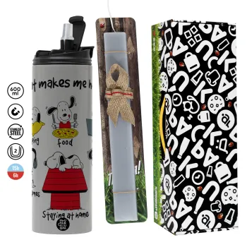 Snoopy what makes my happy, Πασχαλινή Λαμπάδα με Travel Tumbler θερμό (600ml, BPA free) & κερί αρωματικό πλακέ (30cm) (ΓΚΡΙ)