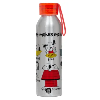 Snoopy what makes my happy, Αλουμινένιο Αθλητικό Μπουκάλι 650ml – Ασημί με Κόκκινο Καπάκι και Λουράκι Σιλικόνης