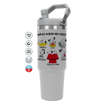 Snoopy what makes my happy, ΓΚΡΙ χρώματος Θερμός Ανοξείδωτο 890ml (30oz) με χερούλι