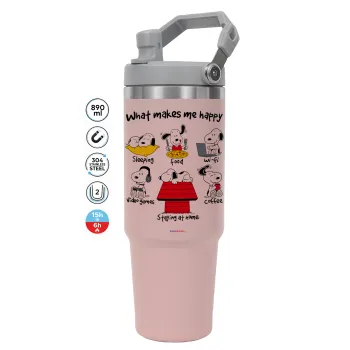 Snoopy what makes my happy, ΡΟΖ χρώματος Θερμός Ανοξείδωτο 890ml (30oz) με χερούλι