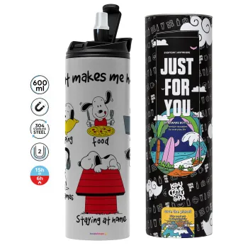 Snoopy what makes my happy, Tumbler ποτήρι θερμό ΓΚΡΙ από ανοξείδωτο ατσάλι 600ml