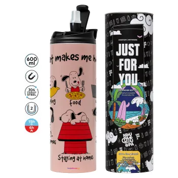 Snoopy what makes my happy, Tumbler ποτήρι θερμό ΡΟΖ από ανοξείδωτο ατσάλι 600ml
