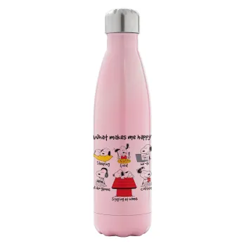 Snoopy what makes my happy, Metal mug thermos Pink Iridiscent (Stainless steel), double wall, 500ml