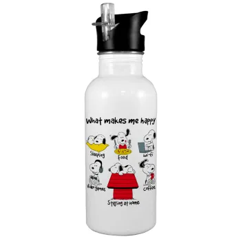Snoopy what makes my happy, White water bottle with straw, stainless steel 600ml