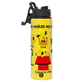 Snoopy what makes my happy, Μεταλλικό παγούρι νερού με καπάκι ασφαλείας, αλουμινίου 850ml