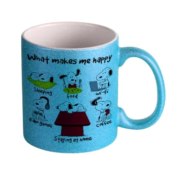 Snoopy what makes my happy, Κούπα Σιέλ Glitter που γυαλίζει, κεραμική, 330ml