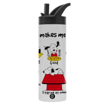 Snoopy what makes my happy, Metallic thermos bottle with straw & handle, stainless steel (Stainless steel 304), double-walled, 600ml.