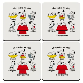 Snoopy what makes my happy, ΣΕΤ 4 Σουβέρ ξύλινα τετράγωνα (9cm)
