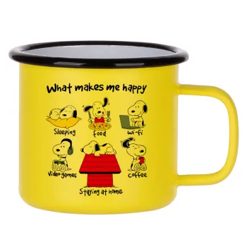 Snoopy what makes my happy, Κούπα Μεταλλική εμαγιέ ΜΑΤ Κίτρινη 360ml