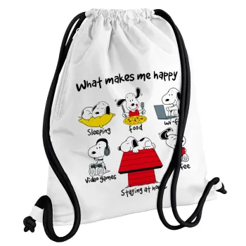 Snoopy what makes my happy, Backpack pouch GYMBAG white, with pocket (40x48cm) & thick cords