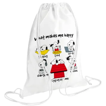 Snoopy what makes my happy, Backpack pouch GYMBAG white (28x40cm)