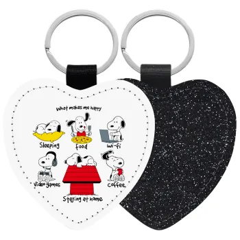 Snoopy what makes my happy, Μπρελόκ PU δερμάτινο glitter καρδιά ΜΑΥΡΟ
