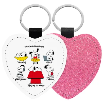 Snoopy what makes my happy, Μπρελόκ PU δερμάτινο glitter καρδιά ΡΟΖ