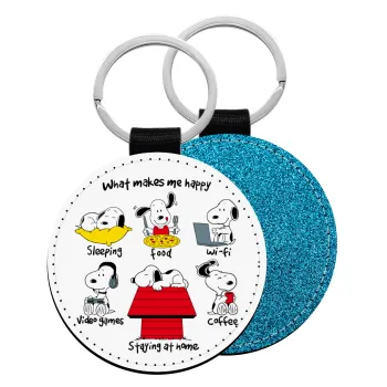 Snoopy what makes my happy, Μπρελόκ Δερματίνη, στρογγυλό ΜΠΛΕ (5cm)