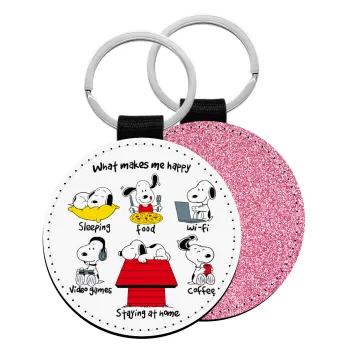 Snoopy what makes my happy, Μπρελόκ Δερματίνη, στρογγυλό ΡΟΖ (5cm)