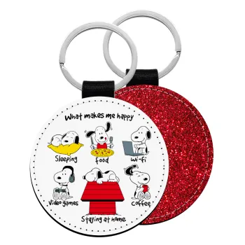 Snoopy what makes my happy, Μπρελόκ Δερματίνη, στρογγυλό ΚΟΚΚΙΝΟ (5cm)