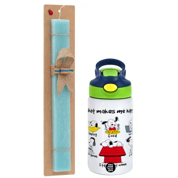 Snoopy what makes my happy, Easter Set, Children's thermal stainless steel bottle with safety straw, green/blue (350ml) & aromatic flat Easter candle (30cm) (TURQUOISE)