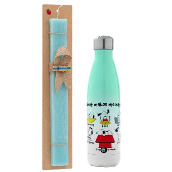 Snoopy what makes my happy, Easter Set, Metallic green/white thermos (Stainless steel), double-walled, 500ml & scented flat Easter candle (30cm) (TURQUOISE)