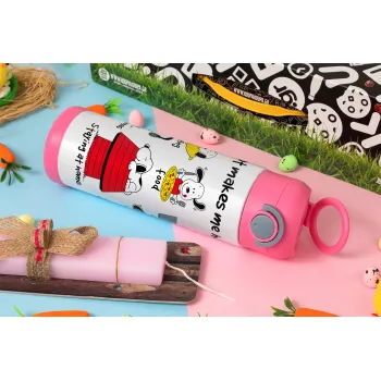 Snoopy what makes my happy, Πασχαλινή Λαμπάδα με Παιδικό παγούρι θερμό, ανοξείδωτο, με καλαμάκι ασφαλείας, ΡΟΖ (500ml)