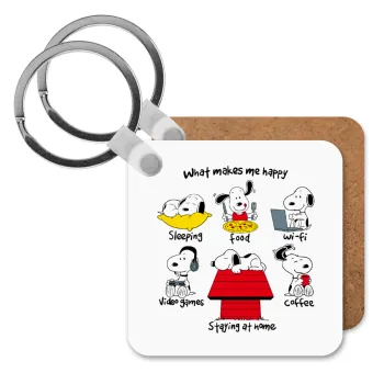 Snoopy what makes my happy, Μπρελόκ Ξύλινο τετράγωνο MDF
