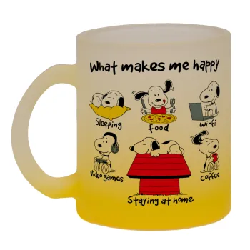 Snoopy what makes my happy, Κούπα γυάλινη δίχρωμη με βάση το κίτρινο ματ, 330ml
