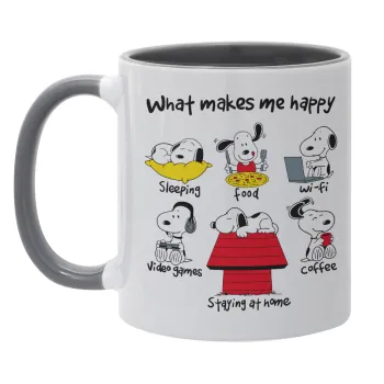 Snoopy what makes my happy, Κούπα χρωματιστή γκρι, κεραμική, 330ml