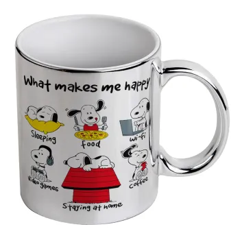 Snoopy what makes my happy, Κούπα κεραμική, ασημένια καθρέπτης, 330ml