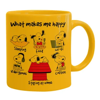 Snoopy what makes my happy, Ceramic coffee mug yellow, 330ml