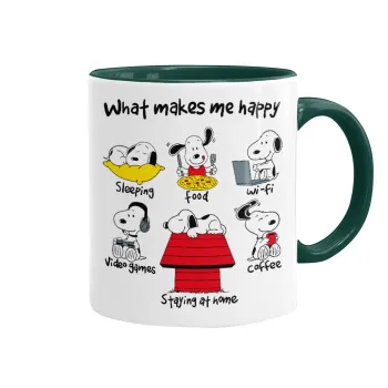 Snoopy what makes my happy, Κούπα χρωματιστή πράσινη, κεραμική, 330ml