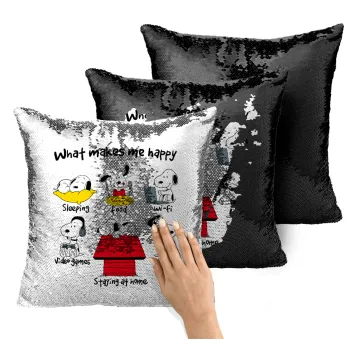 Snoopy what makes my happy, Μαξιλάρι καναπέ Μαγικό Μαύρο με πούλιες 40x40cm περιέχεται το γέμισμα