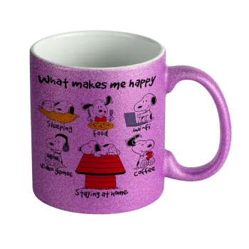 Snoopy what makes my happy, Κούπα Μωβ Glitter που γυαλίζει, κεραμική, 330ml