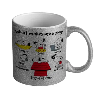 Snoopy what makes my happy, Κούπα Ασημένια Glitter που γυαλίζει, κεραμική, 330ml