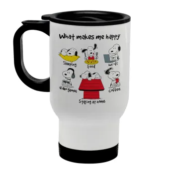Snoopy what makes my happy, Stainless steel travel mug with lid, double wall white 450ml