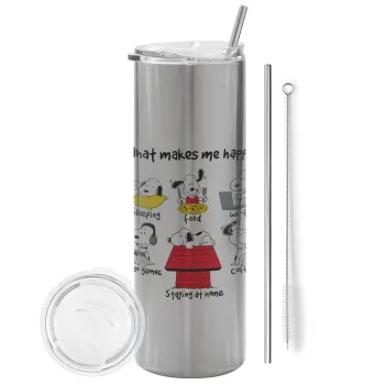 Snoopy what makes my happy, Tumbler stainless steel Silver 600ml, with metal straw & cleaning brush