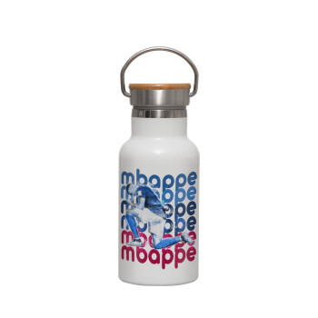 Kylian Mbappé, Metallic thermos (Stainless steel) White with wooden lid (bamboo), double-walled, 350ml