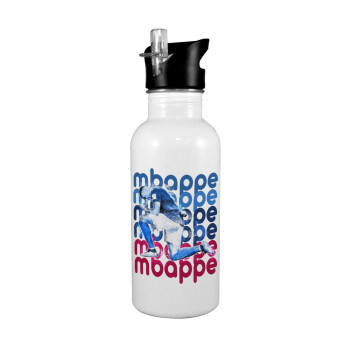 Kylian Mbappé, White water bottle with straw, stainless steel 600ml
