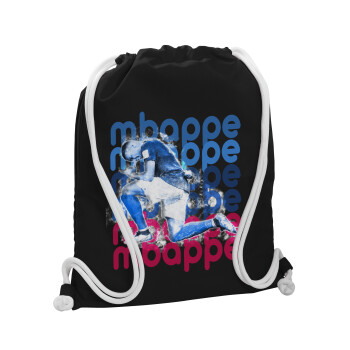 Kylian Mbappé, Backpack pouch GYMBAG Black, with pocket (40x48cm) & thick white cords