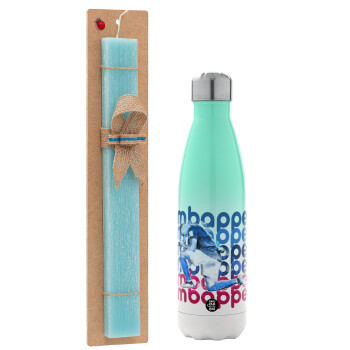 Kylian Mbappé, Easter Set, Metallic green/white thermos (Stainless steel), double-walled, 500ml & scented flat Easter candle (30cm) (TURQUOISE)
