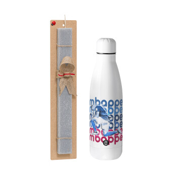 Kylian Mbappé, Easter Set, metallic stainless thermos bottle (500ml) & scented flat Easter candle (30cm) (GRAY)