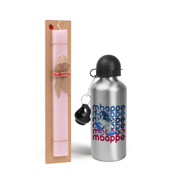 Kylian Mbappé, Easter Set, metallic Silver aluminum water bottle (500ml) & scented flat Easter candle (30cm) (PINK)