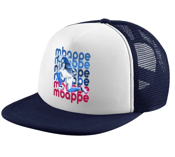Kylian Mbappé — Adult Soft Trucker Hat with Dark Blue/White Mesh (POLYESTER, ADULT, UNISEX, ONE SIZE)