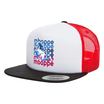 Kylian Mbappé, Adult Foam Flat Snapback with Mesh Black-White-Red (POLYESTER, ADULT, UNISEX, ONE SIZE)