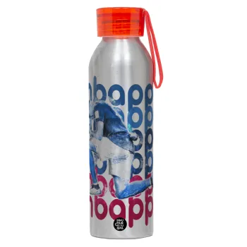 Κιλιάν Μπαπέ, Αλουμινένιο Αθλητικό Μπουκάλι 650ml – Ασημί με Κόκκινο Καπάκι και Λουράκι Σιλικόνης