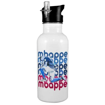 Kylian Mbappé, White water bottle with straw, stainless steel 600ml
