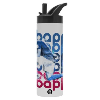 Kylian Mbappé, Metallic thermos bottle with straw & handle, stainless steel (Stainless steel 304), double-walled, 600ml.