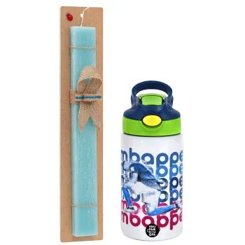 Kylian Mbappé, Easter Set, Children's thermal stainless steel bottle with safety straw, green/blue (350ml) & aromatic flat Easter candle (30cm) (TURQUOISE)